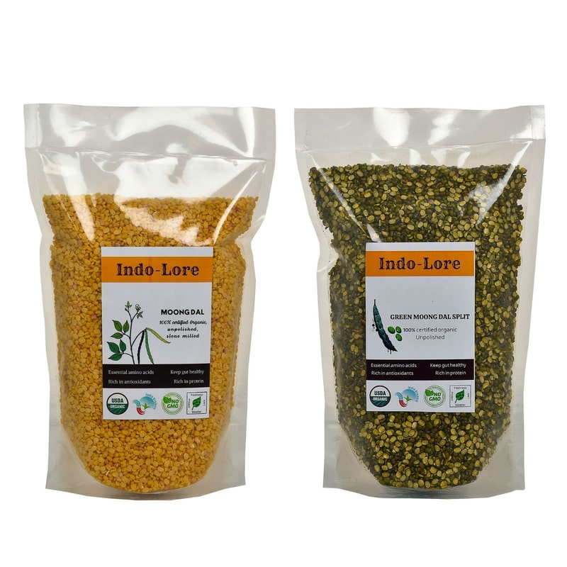 Orgenik: Certified Moong Dal Combo - Yellow Moong Dal Dhuli and Green Moong Dal Chilka from brand Indo-Lore