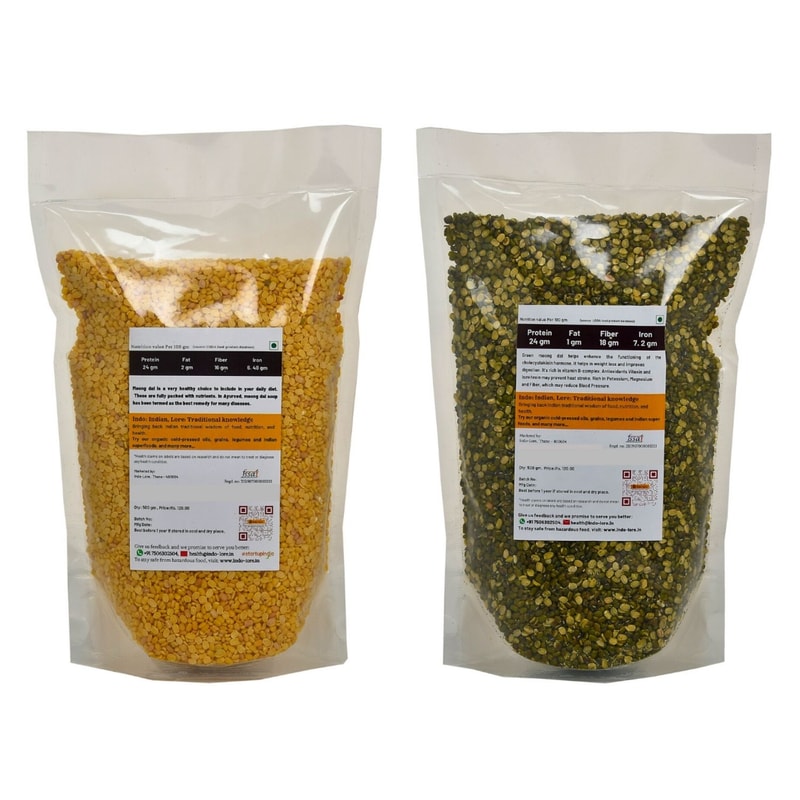 Orgenik: Certified Moong Dal Combo - Yellow Moong Dal Dhuli and Green Moong Dal Chilka from brand Indo-Lore
