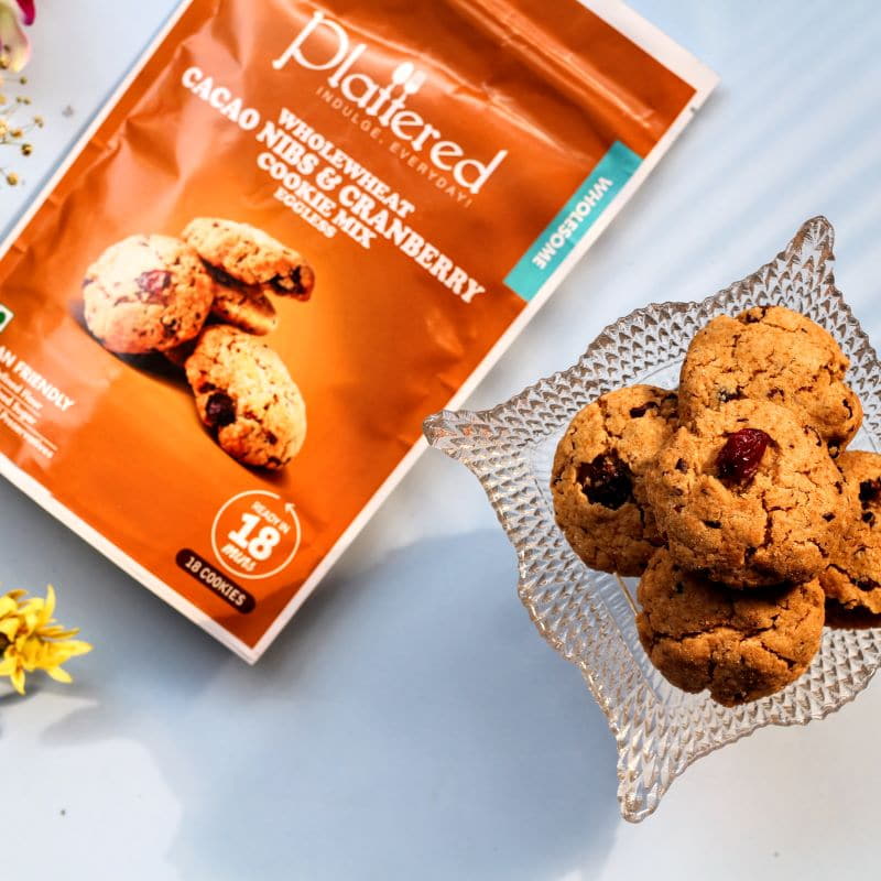 Orgenik: Shop Whole Wheat Cacao Nibs & Cranberries Cookie Mix from the brand Plattered