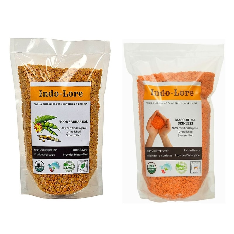 Orgenik: Certified organic Arhar dal combo Toor daland dried masoor dalfrom brand Indo-Lore