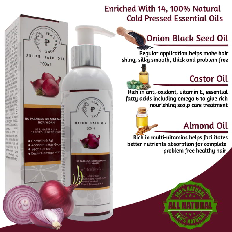 Orgenik: Shop Herbal Red Onion Seed Oil for Hair Growth Controls Hair Fall With 14 Vital Essential Oil No Mineral Oil from the brand Peau D'origine