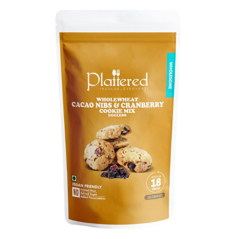 Orgenik: Shop Whole Wheat Cacao Nibs & Cranberries Cookie Mix from the brand Plattered