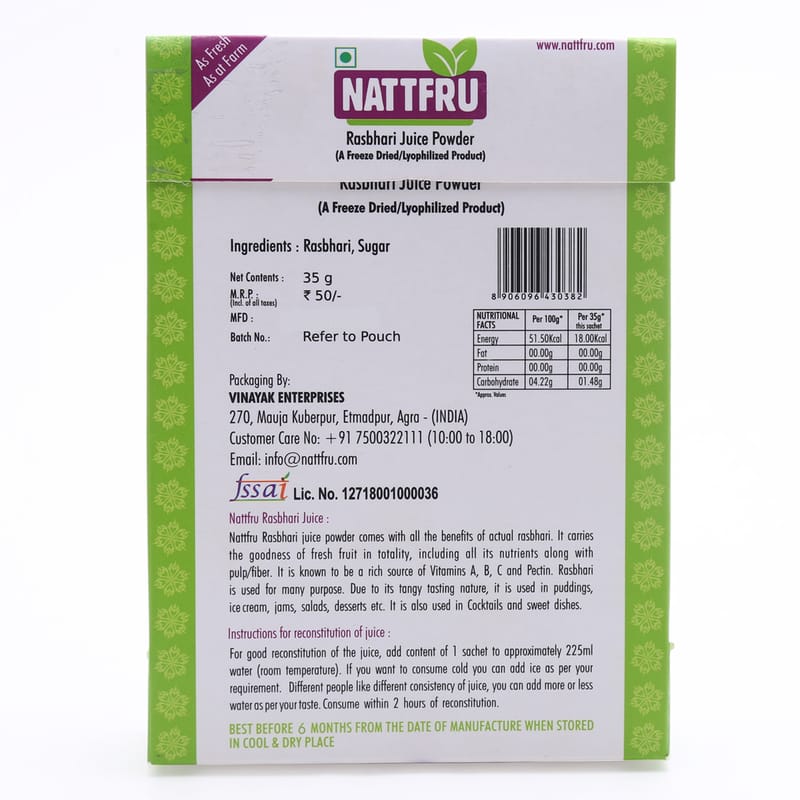 Orgenik: Shop Rasbhari Fruit Juice Powder 35g - Pack of 4 from the brand Nattfru